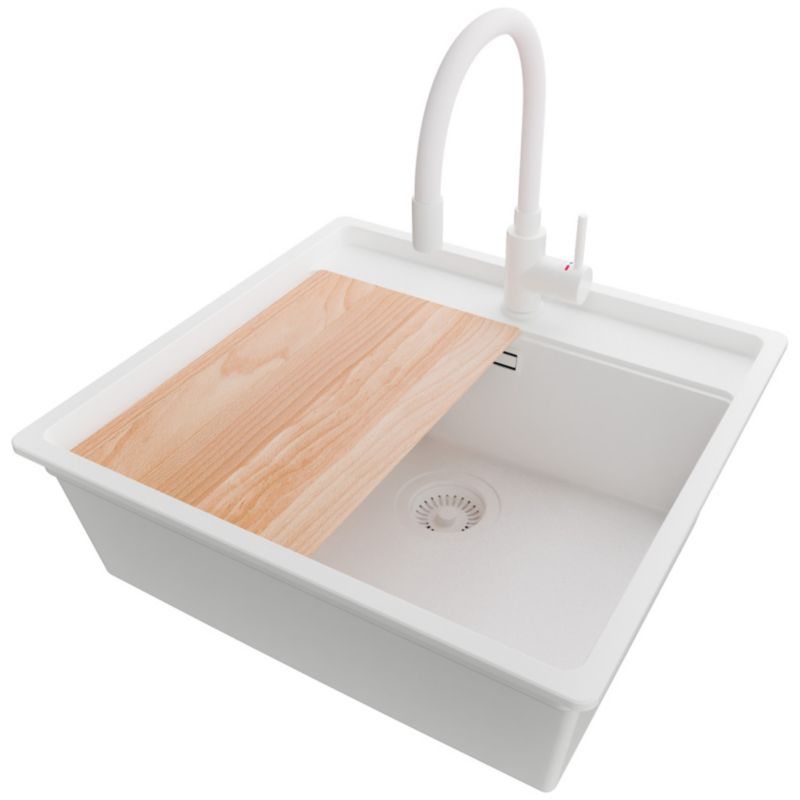Zlewozmywak podblatowy Bergen PRIMAGRAN 56x53cm do szafki od 60cm, Cały Biały + Bateria 38x14cm + Syfon + Deska, S102, 1 szt.