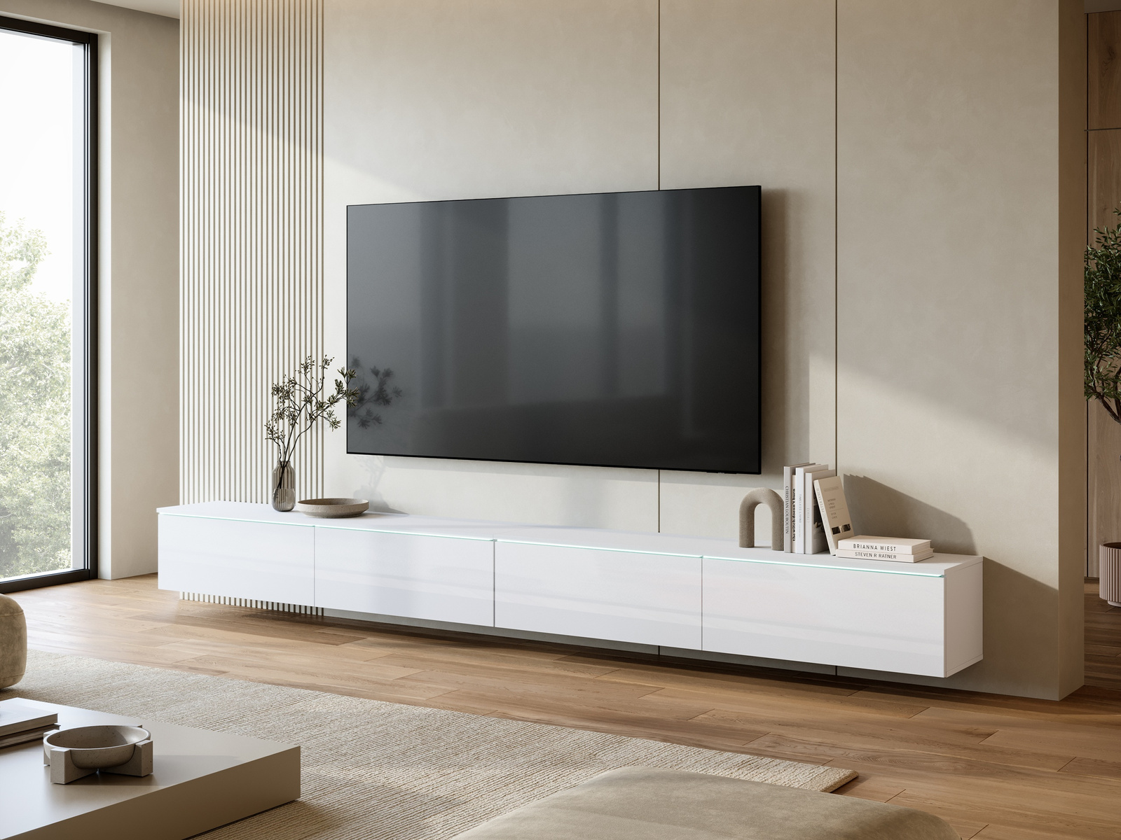 Biała szafka RTV 300 cm z oświetleniem LED BROMI