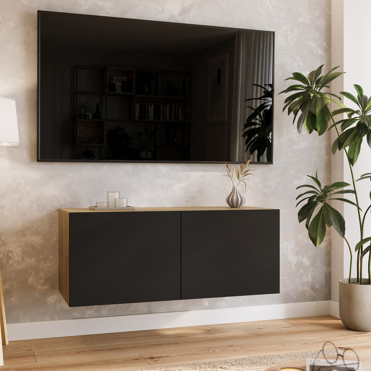 Szafka wisząca RTV 100 cm z półkami do salonu LORI dąb artisan
