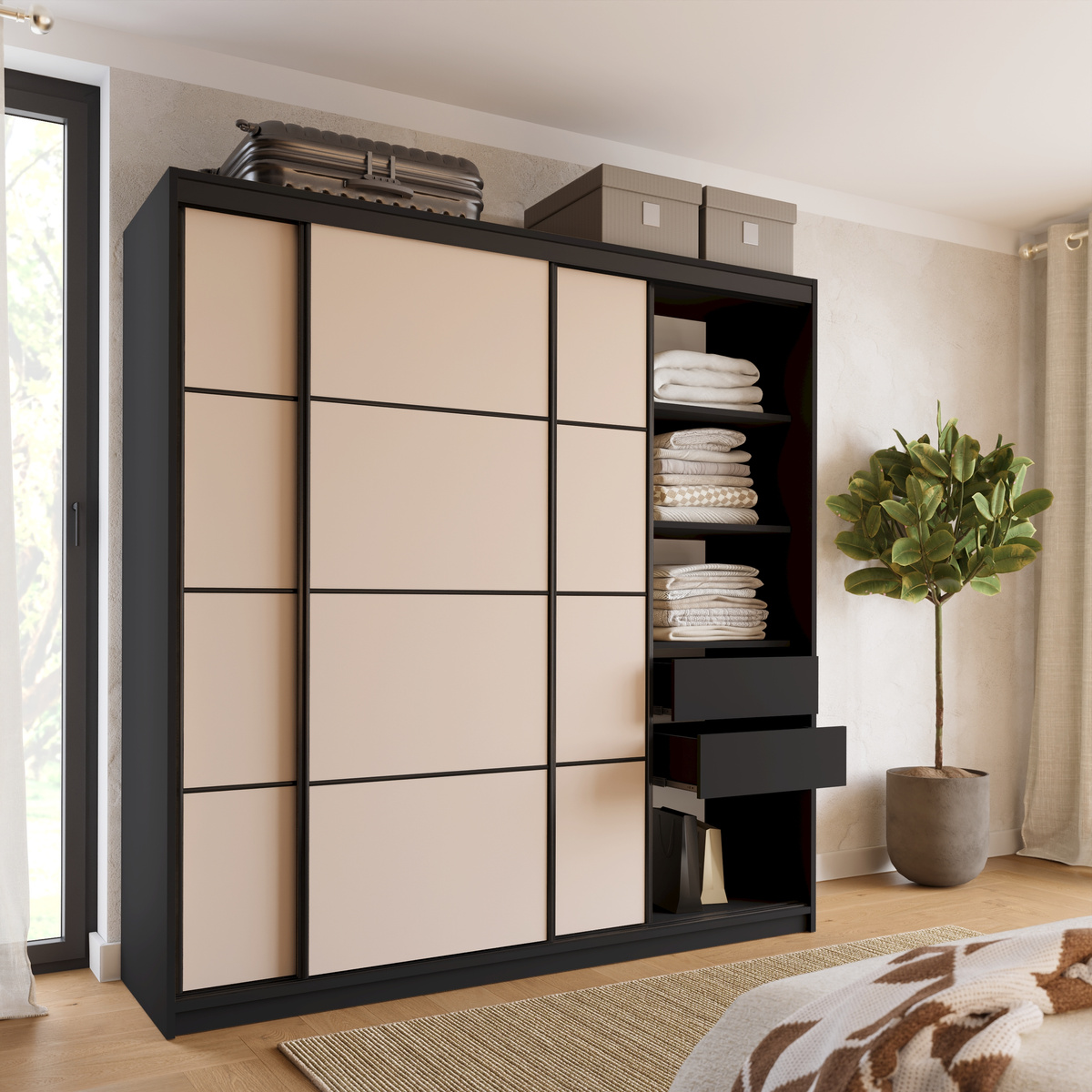 Duża szafa przesuwna do przedpokoju 200 cm LOFT beż piaskowy