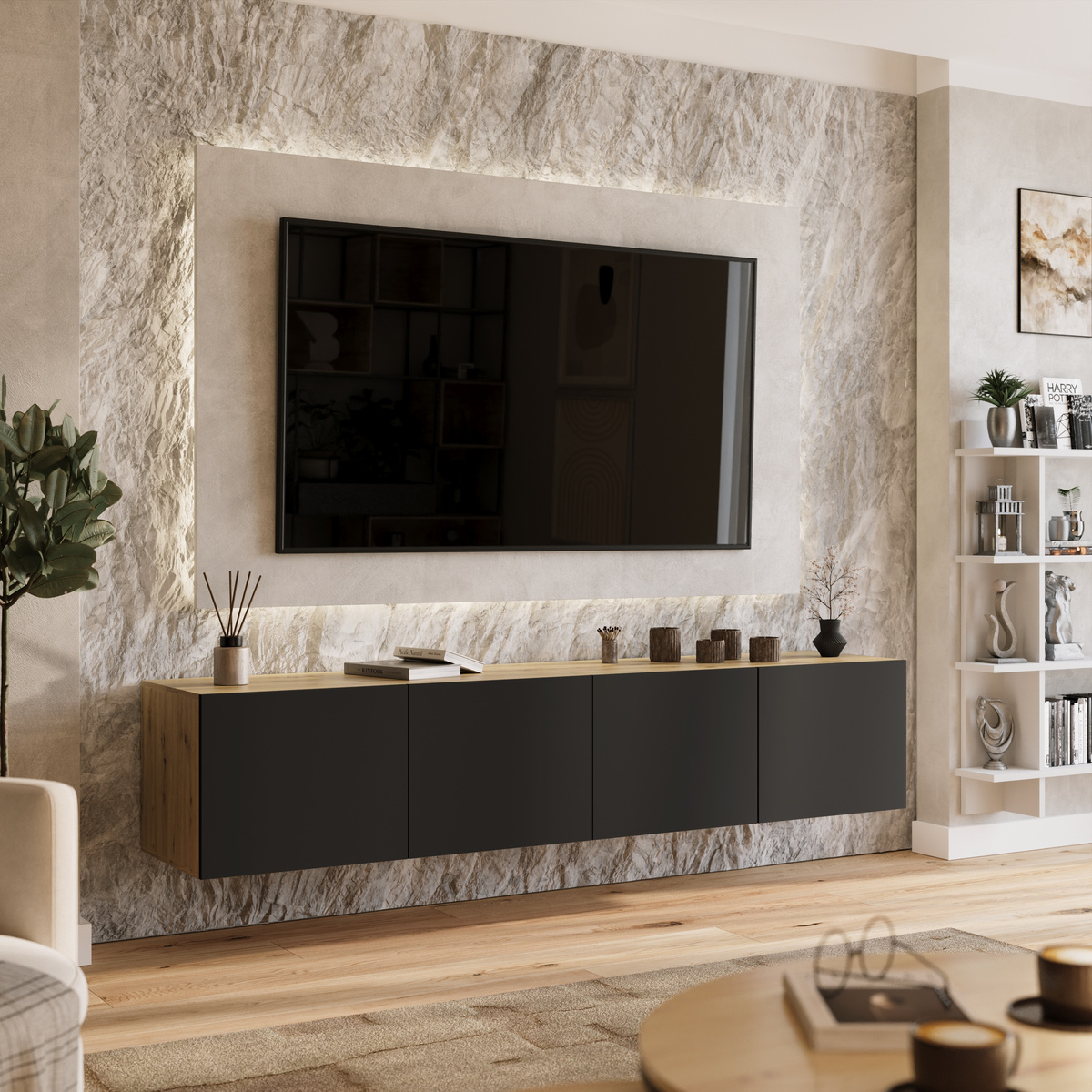 Szafka wisząca RTV 200 cm z półkami do salonu LORI dąb artisan