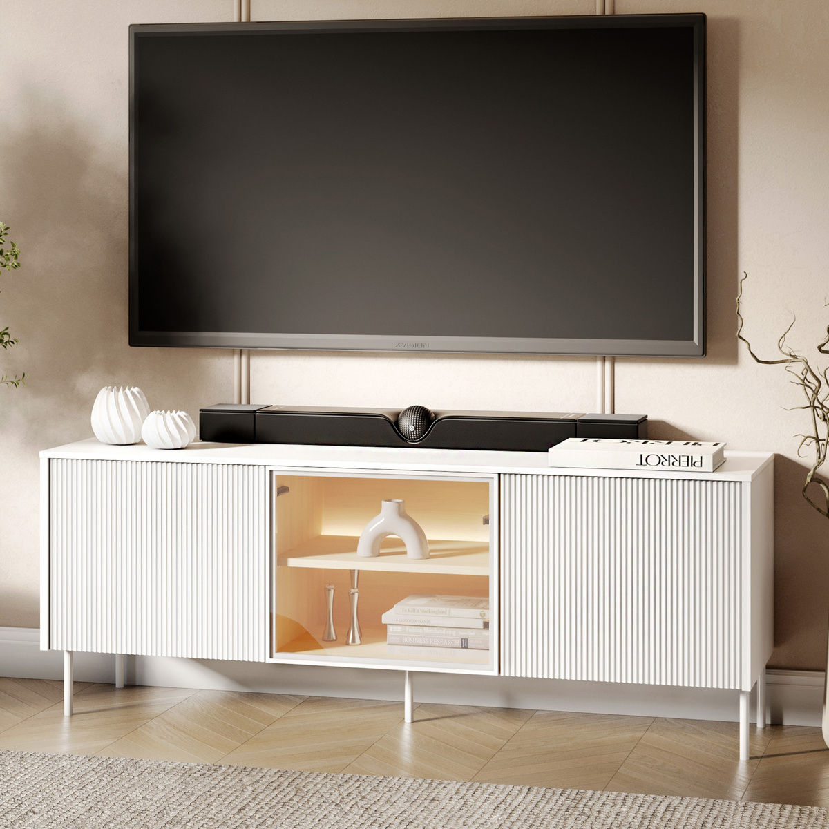 Szafka RTV przeszkona 147 cm z oświetleniem LED do salonu LIBA biały jedwab