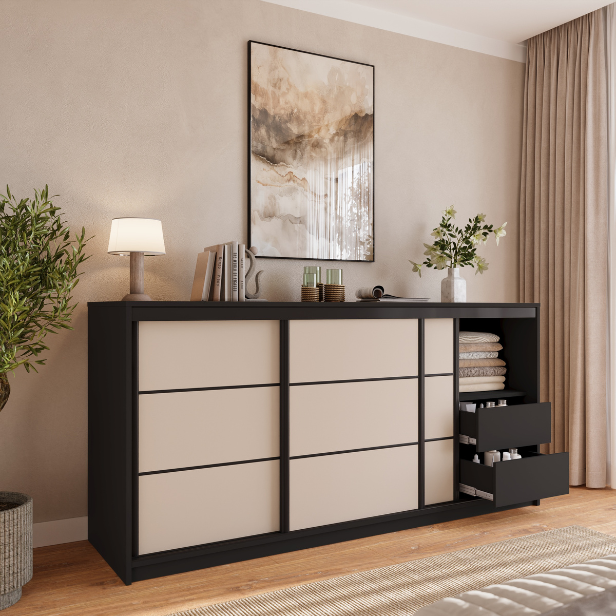 Komoda przesuwna do sypialni z drążkiem i szufladami 200 cm LOFT