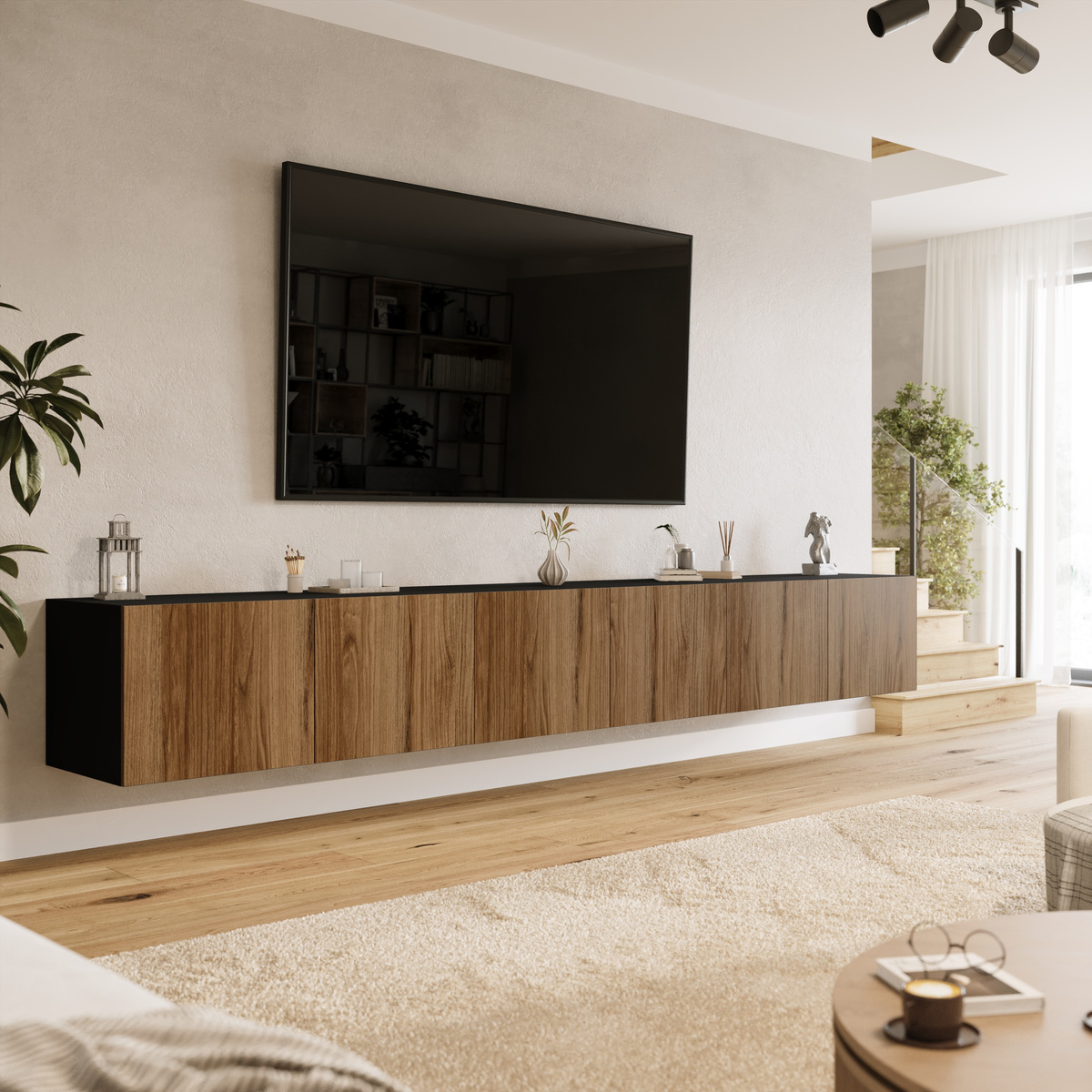 Wisząca szafka RTV 300 cm z półkami do salonu LORI