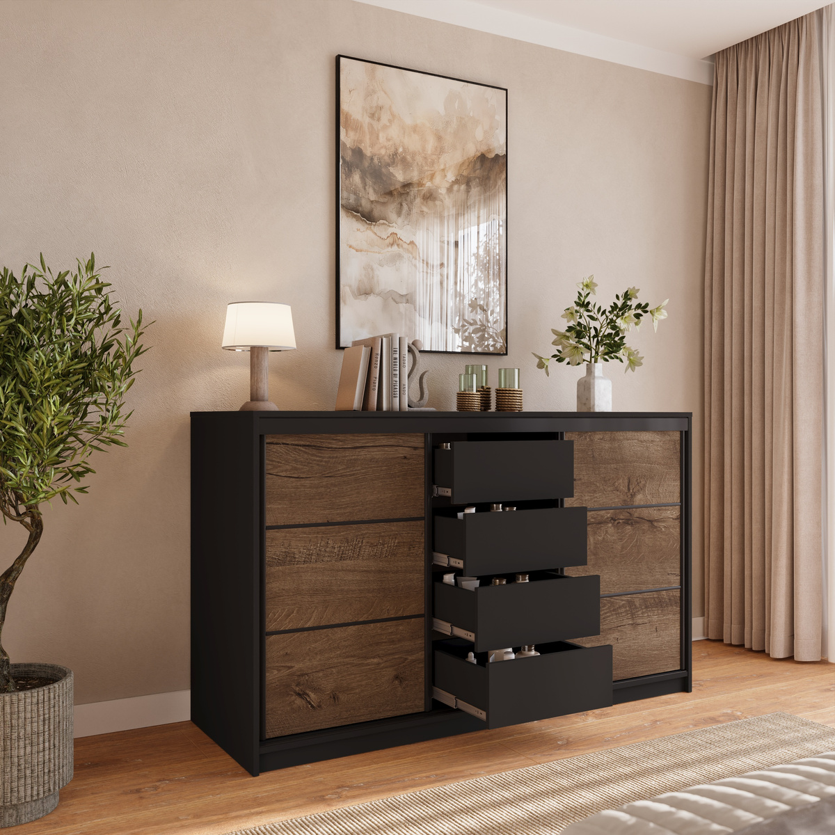 Trzydrzwiowa komoda z szufladami do sypialni 180 cm LOFT