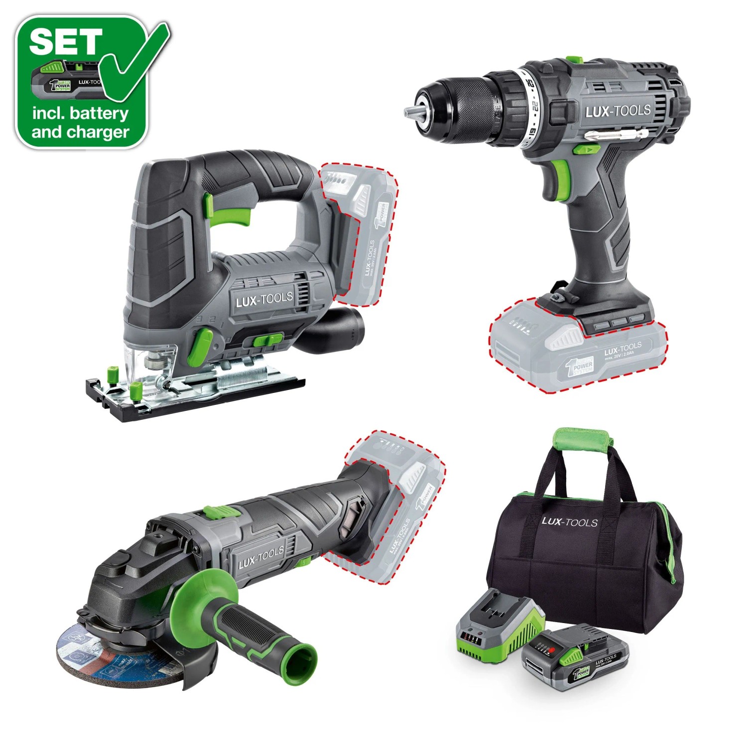 LUX-Tools Zestaw narzędzi akumulatorowych 3w1 20V 2,0 Ah