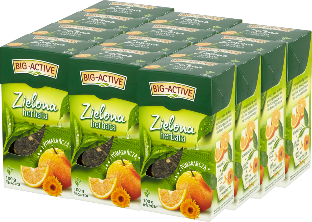 12x Herbata zielona smakowa liściasta Big-Active, z pomarańczą, 100g