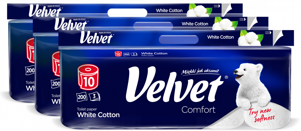 3x Papier toaletowy Velvet Comfort White Cotton, 3-warstwowy, 10 rolek, 25m, biały