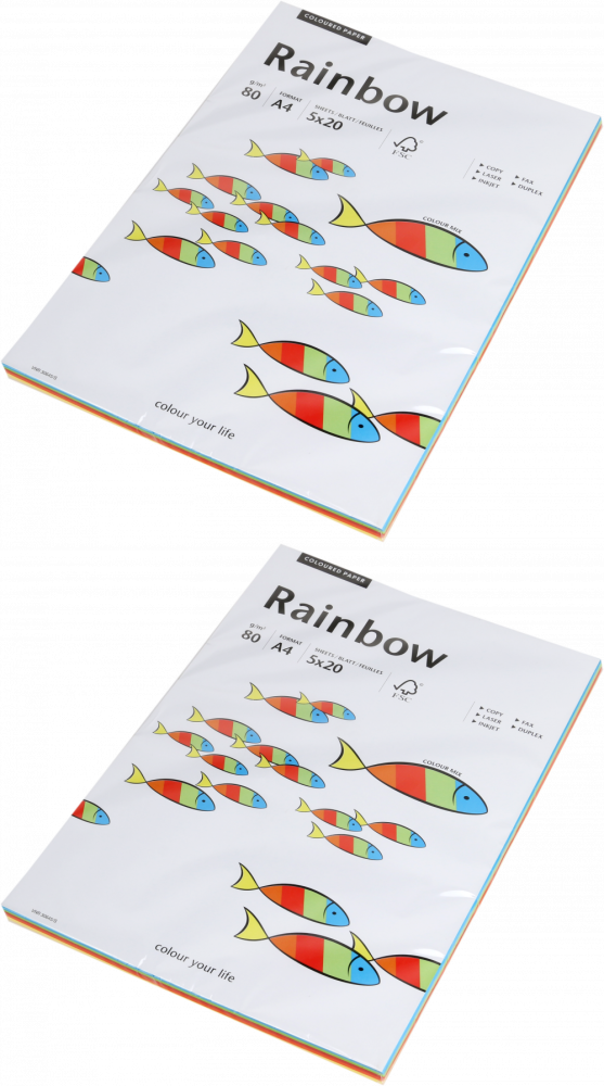 2x Papier kolorowy Rainbow, A4, 80g/m2, 100 arkuszy, mix kolorów intensywnych