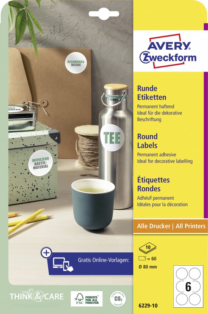Etykiety samoprzylepne Avery Zweckform, okrągłe, średnica 80mm, 10 arkuszy, 60 sztuk, biały