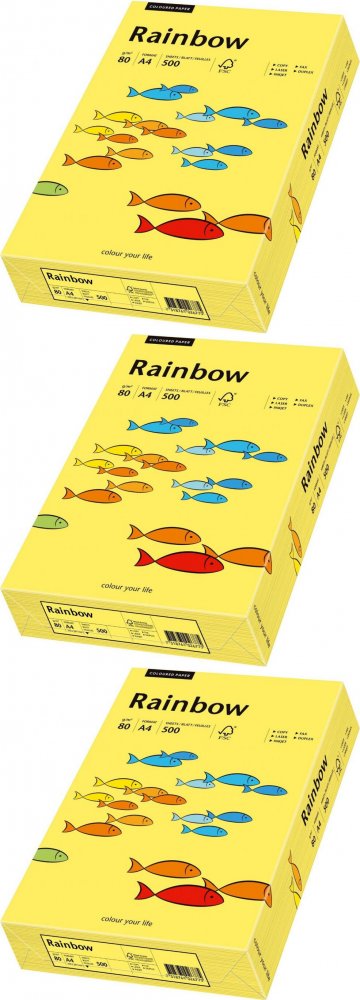 3x Papier kolorowy Rainbow, A4, 80g/m2, 500 arkuszy, żółty (R16)