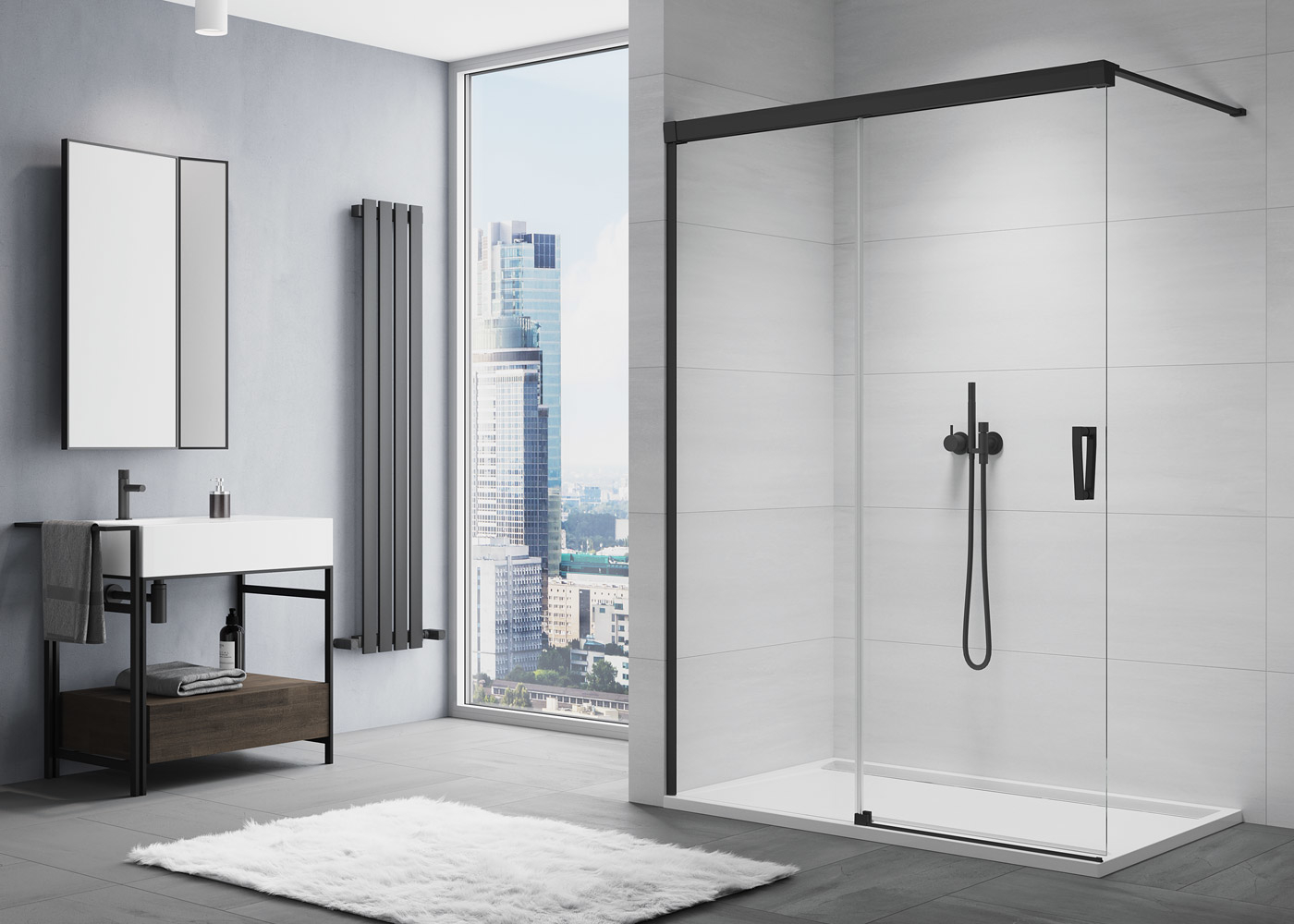 Ronal Cadura Walk-In ścianka prysznicowa 110 cm z elementem przesuwnym lewa czarny mat/szkło przezroczyste CAW2G1100607