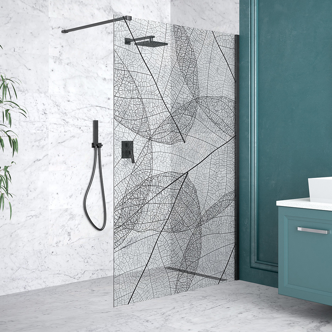 Besco Leafy Walk-In ścianka prysznicowa 120 cm czarny mat/szkło przezroczyste z motywem LF-120-200C