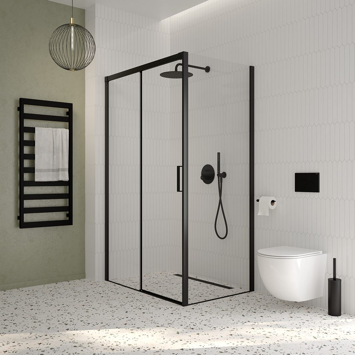 Zestaw Oltens Hamnes bateria podtynkowa z deszczownicą 22 cm Atran i kompletem prysznicowym Ume czarny mat 36615300