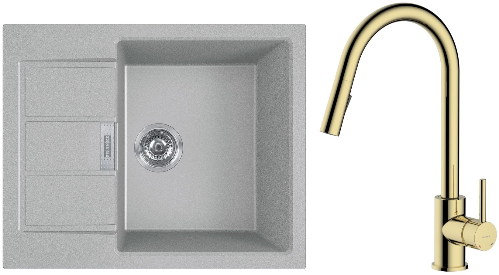 Zestaw Franke Sirius 20 S2D 611-62 zlewozmywak 62x50 cm z baterią kuchenną Oltens Litla kamienny szary/złoty połysk (1430618668, ... - Wysyłka w 24h