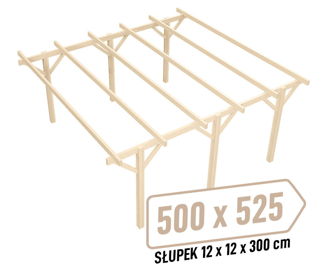 Wiata KVH Sucha Premium - 500 x 525 cm - słupki 12x12x300 cm garażowa wolnostojąca - zastrzał prosty