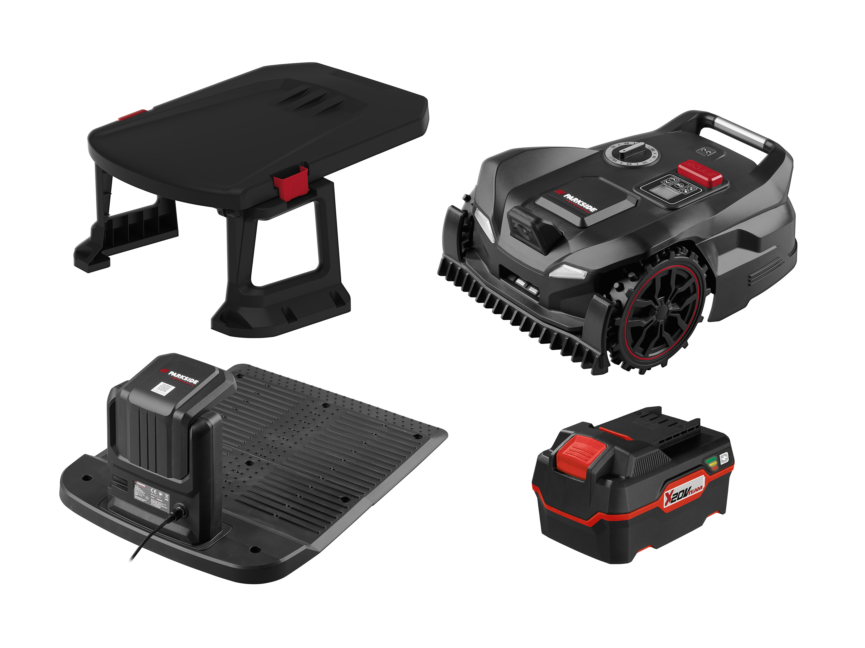 Parkside Performance Zestaw Akumulatorowy robot koszący, smart & free, 20 V z akumulatorem, stacją ładującą i z garażem
