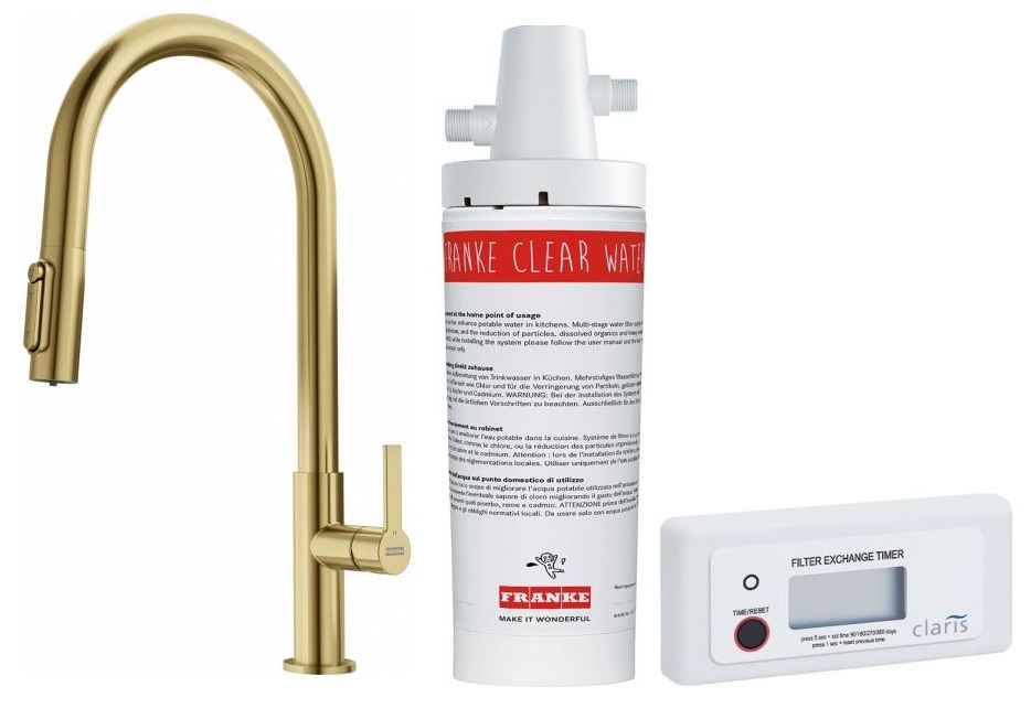 Darmowa Dostawa - Bateria kuchenna z filtrem stojąca złoto/stare złoto Franke Maris Slim Clear Water J Pull-Out abset12235