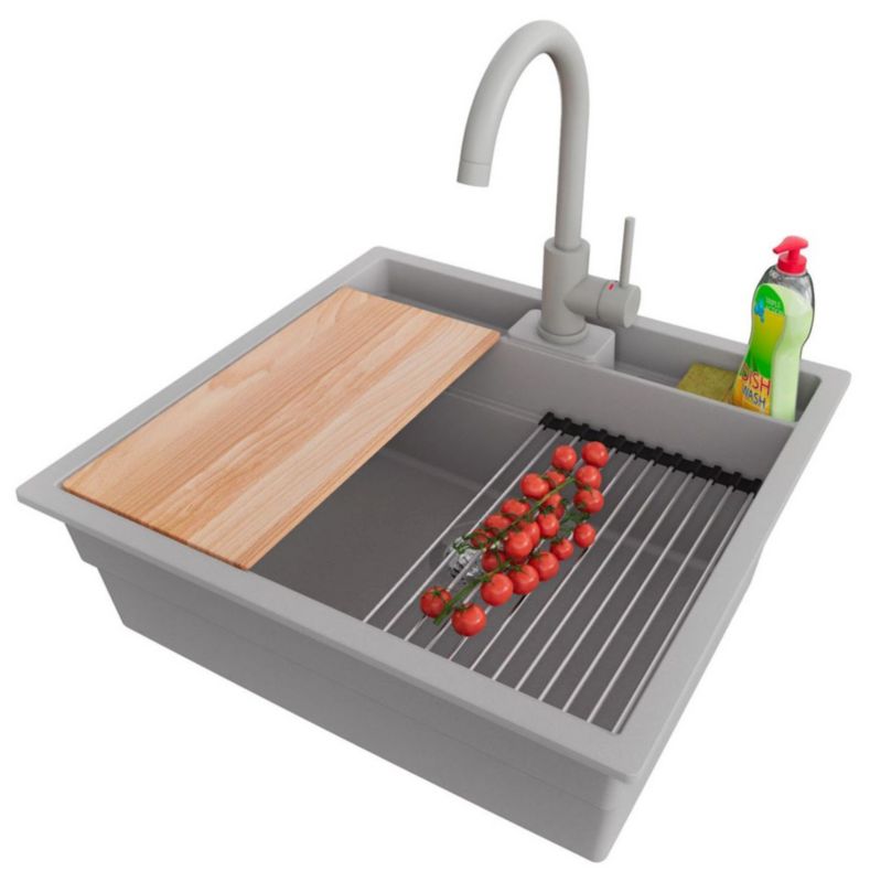 Zlewozmywak Granitowy Bergen Double Pocket PRIMAGRAN Nablatowy 56x54cm do Szafki od 60cm, Szary + Bateria + Syfon, S103, 1 szt.