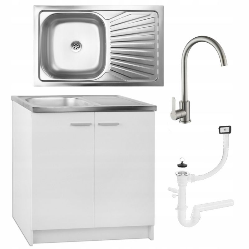 Szafka Kuchenna Stamar Biała Stojąca 800 mm + Zlew + Wysoka Bateria Chrom 1 szt
