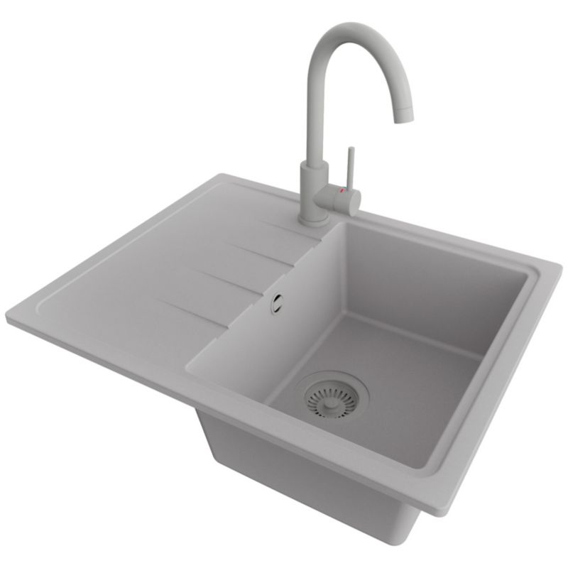 Zlewozmywak Granitowy Mediolan PRIMAGRAN Nablatowy 62x50cm do Szafki od 40cm, Cały Szary + Bateria 32x20cm + Syfon, S014, 1 szt.