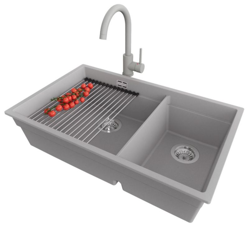 Zlewozmywak Granitowy Praga Duo Level PRIMAGRAN Nablatowy 76x47cm, Szary + Bateria + Syfon + Akcesorium, S077, 1 szt.
