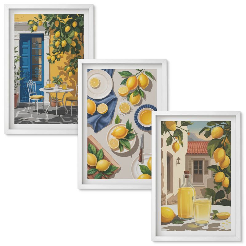 Obraz Ścienny Zestaw Wallfluent Cytrynowy ogród z napojami Biała rama 40x60 cm 3 szt.