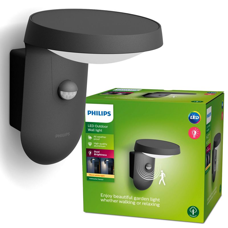 Kinkiet Ogrodowy Philips Tyla Lampa Elewacyjna LED 9W 800lm 2700K IP44 z Czujnikiem Ruchu i Zmierzchu Antracyt 1 szt.