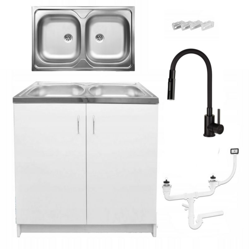Szafka Kuchenna Stamar Biała Zlew 2 Komory 800 x 500 mm Bateria Elastyczna Czarna 2w1 1 szt