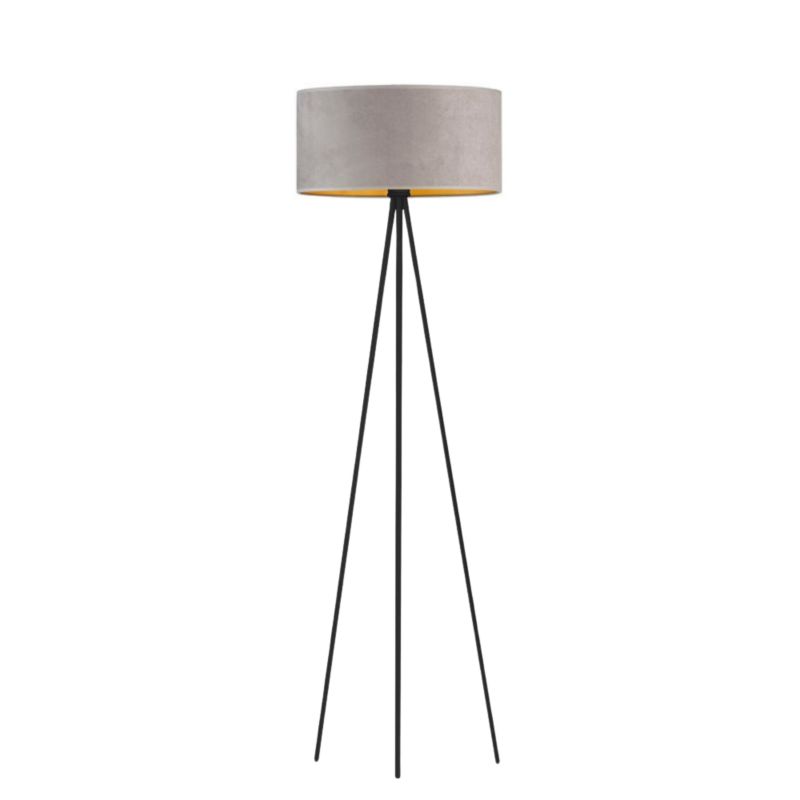 Lampa stojąca Volta Light Factory podłogowa trójnóg z abażurem szary ze złotem welur walec 40cm JOLLY 1szt.