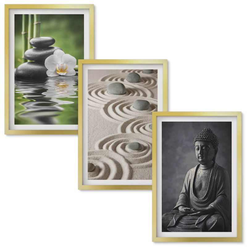 Tryptyk w Ramie Wallfluent Relaksujący widok Budda Zen Złota rama 40x60 cm 3 szt.