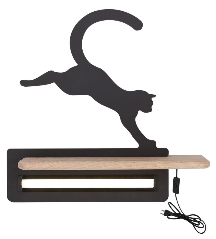 Kinkiet Candellux Cat czarny z jasnym drewnem z przewodem i włącznikiem LED 5W 4000K 250lm IP20 wym: 29 x 27 x 12 cm - 1 szt.