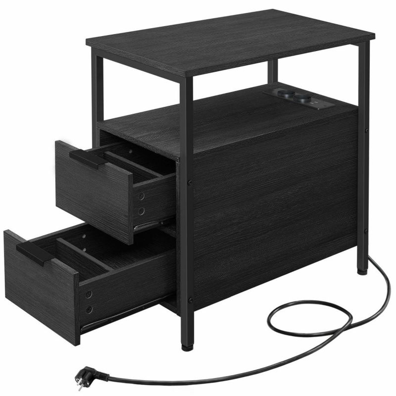 Czarny stolik nocny Songmics 35 x 60 cm z listwą zasilającą i dwoma szufladami 1 szt