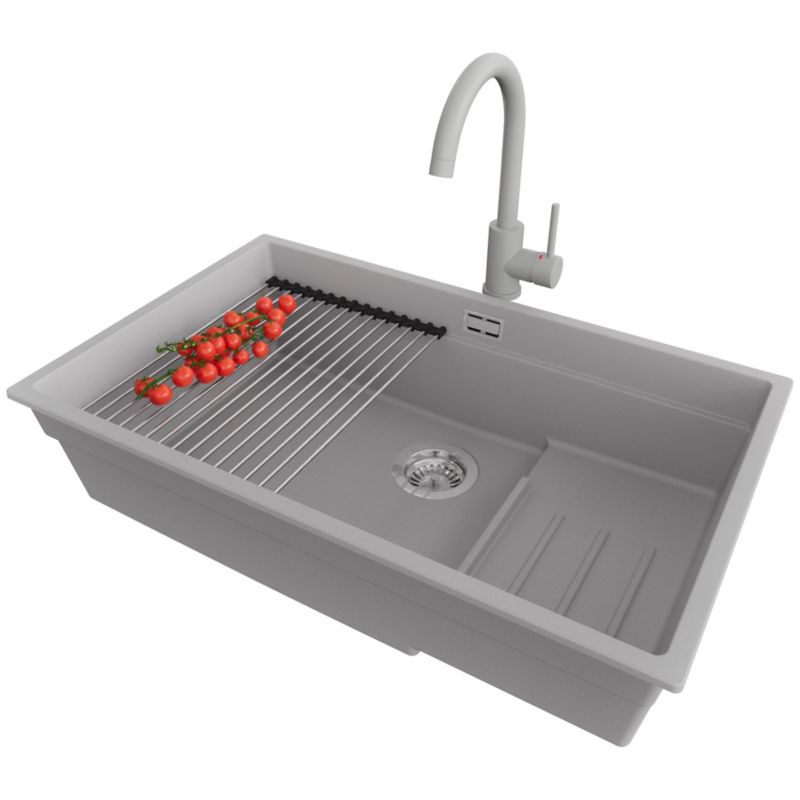 Zlewozmywak Granitowy Praga Step Level Slim PRIMAGRAN Nablatowy 76x47cm, Szary + Bateria + Syfon + Akcesorium, S610, 1 szt.