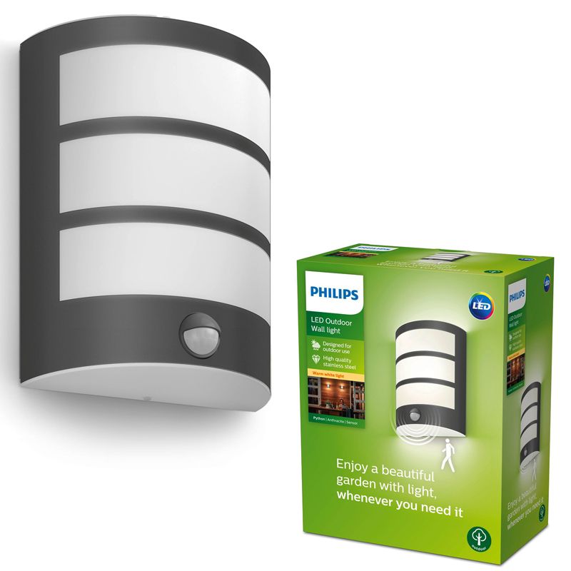 Kinkiet Ogrodowy Python Philips Lampa Elewacyjna Zewnętrzna LED 6W 450lm 2700K z Czujnikiem Ruchu i Zmierzchu Antracyt IP44 1 szt.