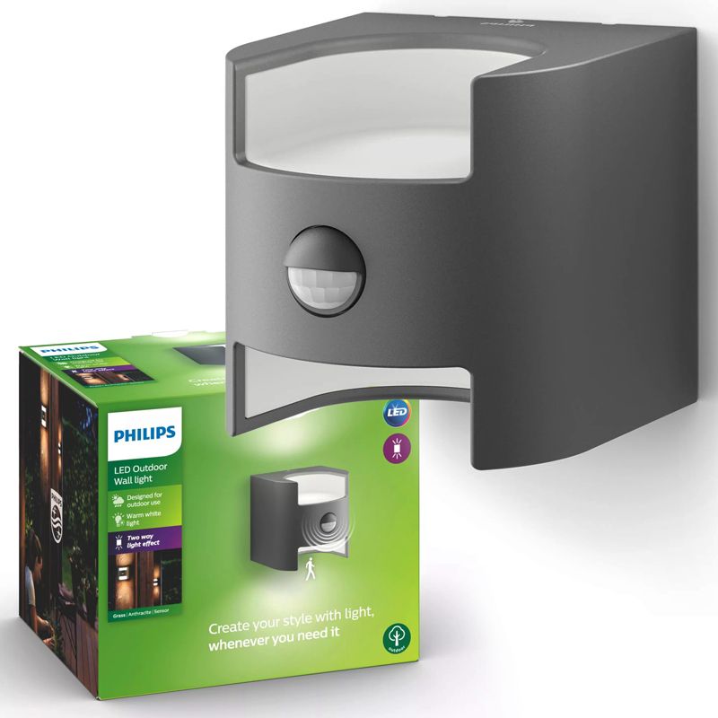 Kinkiet Ogrodowy Grass Philips Lampa Elewacyjna Zewnętrzna LED 9W 800lm 2700K IP44 z Czujnikiem Ruchu i Zmierzchu Antracyt 1 szt.