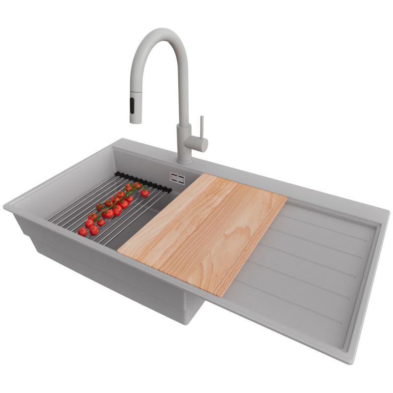 Zlewozmywak Granitowy Sydney Ergo PRIMAGRAN Nablatowy 90x50cm do Szafki od 60cm, Szary + Bateria 40x20cm + Syfon, S469, 1 szt.