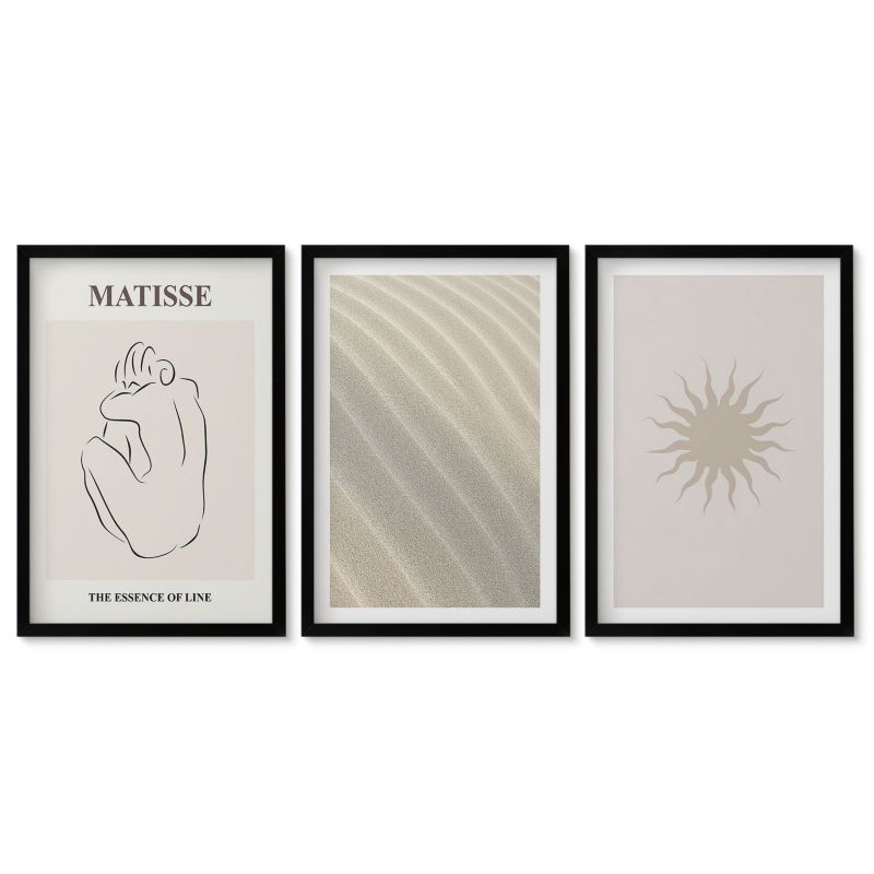 Zestaw 3 obrazów w czarnej ramie Tulup 40x60 cm Minimalistyczne linie piasku słońce Obrazy w czarnej ramie 1 kpl
