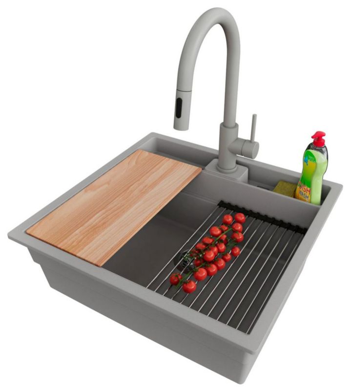 Zlewozmywak podblatowy Bergen Double Pocket PRIMAGRAN 56x54cm do Szafki od 60cm, Szary + Bateria 40x20cm + Syfon, S047, 1 szt.