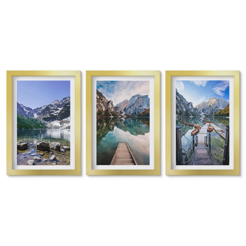 Zestaw 3 obrazów w złotych ramach Tulup 20x30 cm Góry jeziora drewniane pomosty Obrazy w złotej ramie 1 kpl