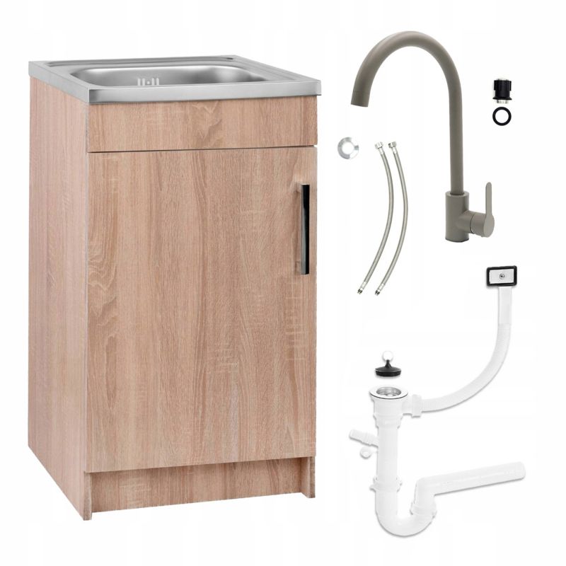 Szafka Kuchenna Stamar 500 x 400mm Dąb Sonoma Zlewozmywak Bateria Wysoka Oliwka Syfon 1 szt