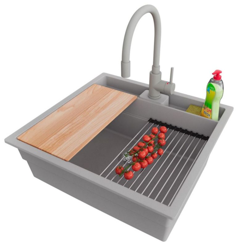 Zlewozmywak Granitowy Bergen Double Pocket PRIMAGRAN Nablatowy 56x54cm do Szafki od 60cm, Szary + Bateria + Syfon, S111, 1 szt.