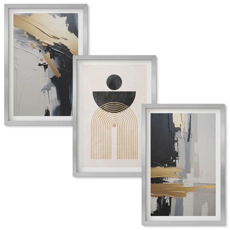 Obrazy do Salonu Wallfluent Geometria abstrakcyjna elegancja Srebrna rama 40x60 cm 3 szt.