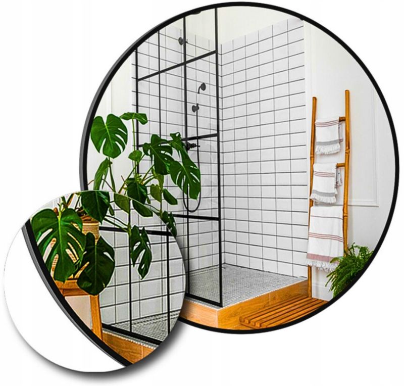 Lustro okrągłe 80 cm w Czarnej Ramie Aluminiowej Loft Bez Oświetlenia Brak Łączeń 1 szt.