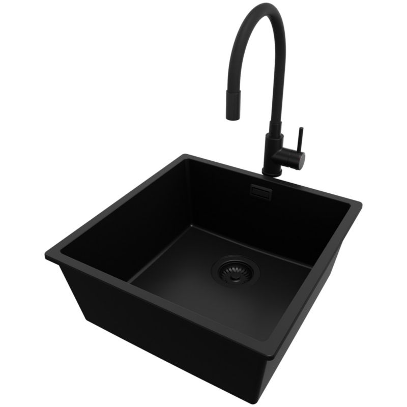 Zlewozmywak Granitowy Londyn Slim PRIMAGRAN Nablatowy 46x47cm do Szafki od 50cm, Cały Czarny + Bateria + Syfon, S234, 1 szt.