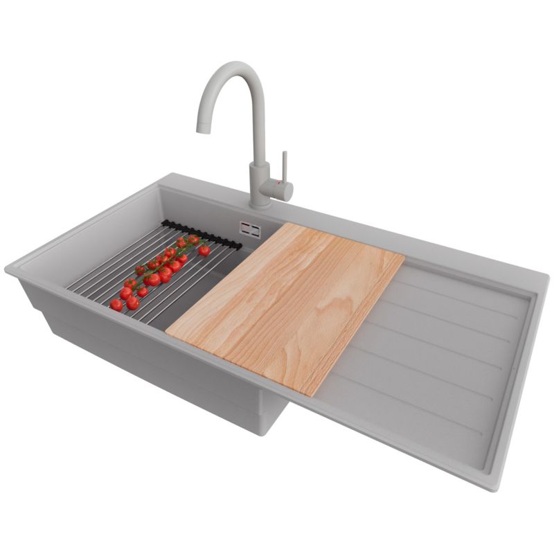 Zlewozmywak Granitowy Sydney Ergo PRIMAGRAN Nablatowy 90x50cm do Szafki od 60cm, Szary + Bateria 32x20cm + Syfon, S466, 1 szt.
