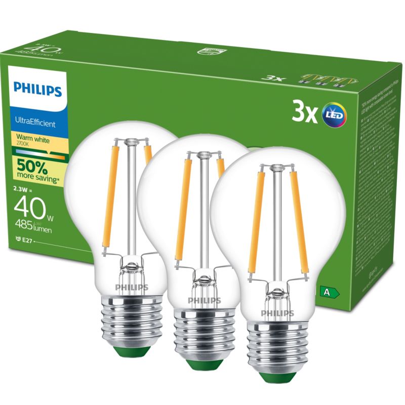 Żarówka LED Philips E27 A60 2.3W 485lm 2700K 300st Klasa A 3 szt.