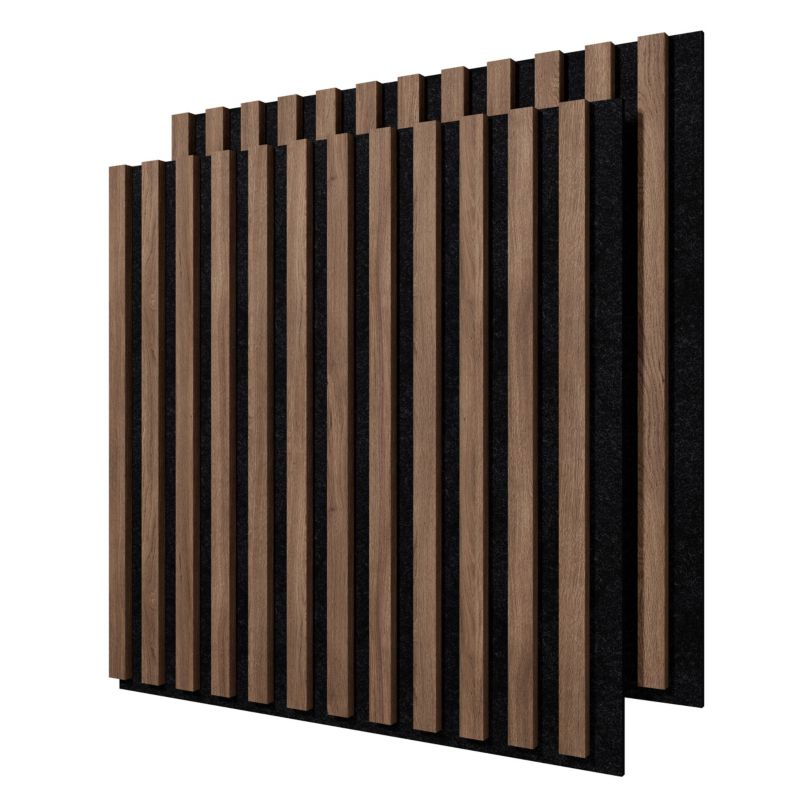 Lamele ścienne na czarnym filcu Stegu Linea Acoustic Proline, orzech 60,5X60,5 panele akustyczne zestaw 2 szt.