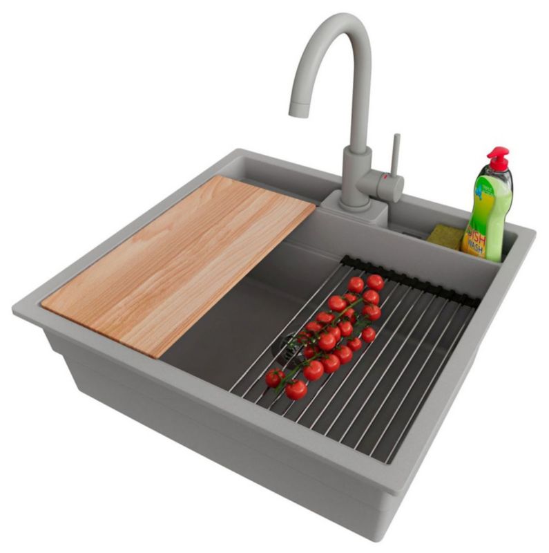 Zlewozmywak podblatowy Bergen Double Pocket PRIMAGRAN 56x54cm do Szafki od 60cm, Szary + Bateria 32x20cm + Syfon, S043, 1 szt.