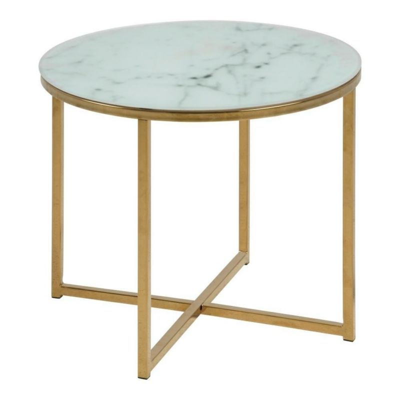 Stolik kawowy okrągły szklany Alisma ACTONA blat biały marmur glamour złote nogi 50 cm 1 szt.